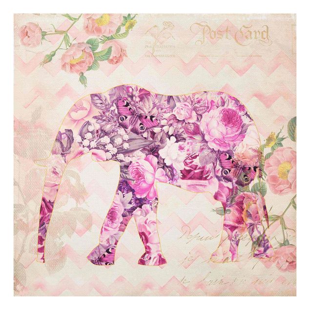 Glass prints flower Vintage Collage - Pink Flowers Elephant