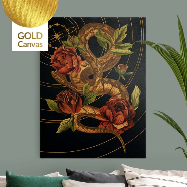 Flower print Snake With Roses Black And Gold IV