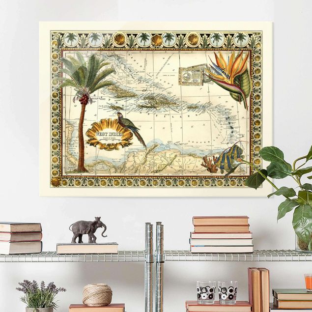 Green art prints Vintage Tropical Map West Indies