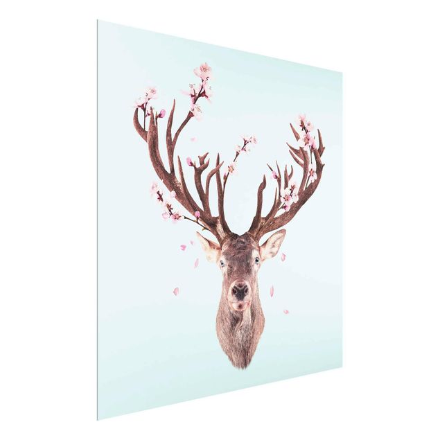 Glass prints flower Deer With Cherry Blossoms