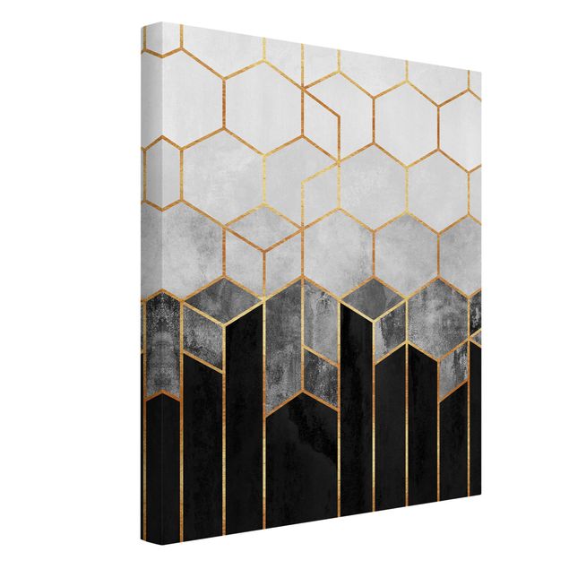 Canvas black and white Golden Hexagons Black And White