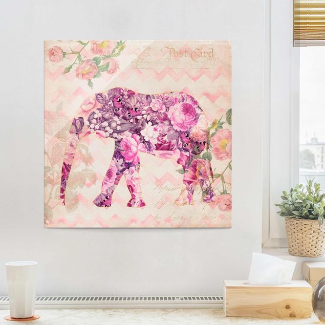 Glass prints rose Vintage Collage - Pink Flowers Elephant