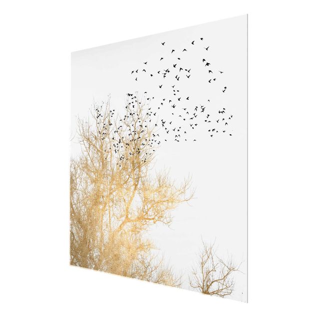 Art posters Flock Of Birds In Front Of Golden Tree