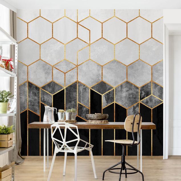 Geometric pattern wallpaper Golden Hexagons Black And White