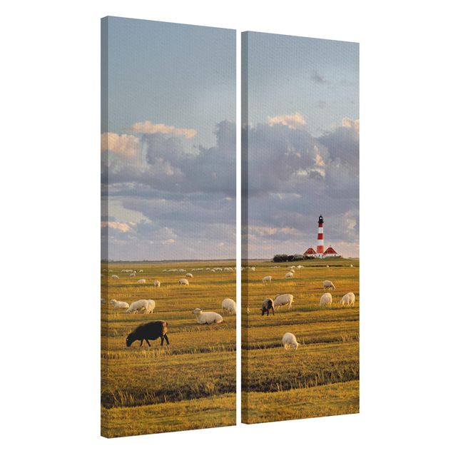 Mountain art prints North Sea Lighthouse With Flock Of Sheep