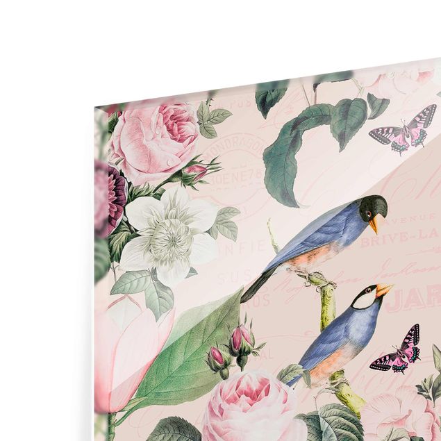 Pink art canvas Vintage Collage - Roses And Birds