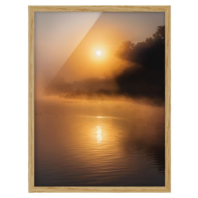 Nature art prints Sunrise on the lake with deers in the fog