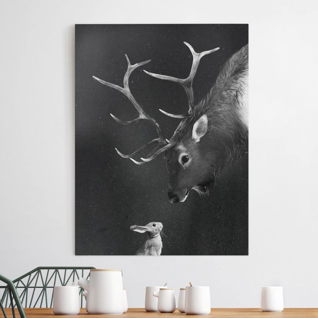 Black and white art Illustration Deer And Rabbit Black And White Drawing