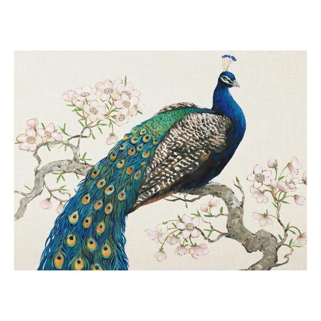 Glass prints flower Vintage Peacock With Cherry Blossoms