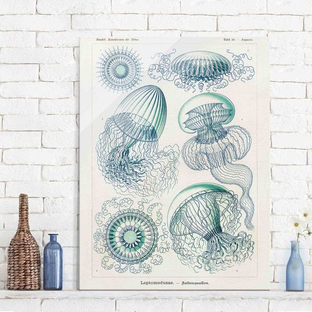 Glass prints pieces Vintage Board Jellyfish In Blue