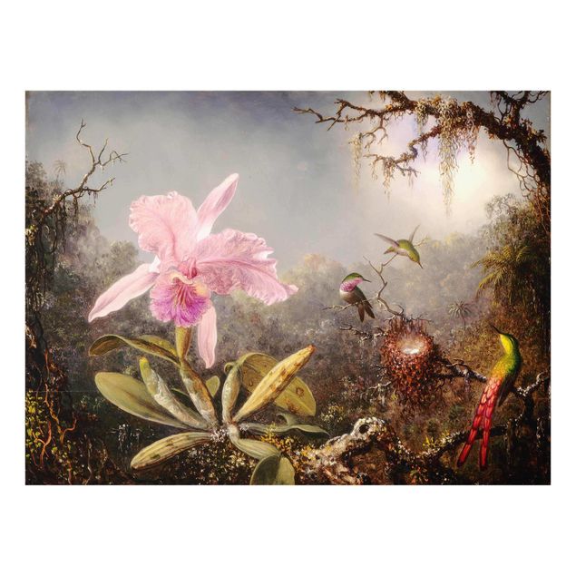 Glass prints flower Martin Johnson Heade - Orchid And Three Hummingbirds