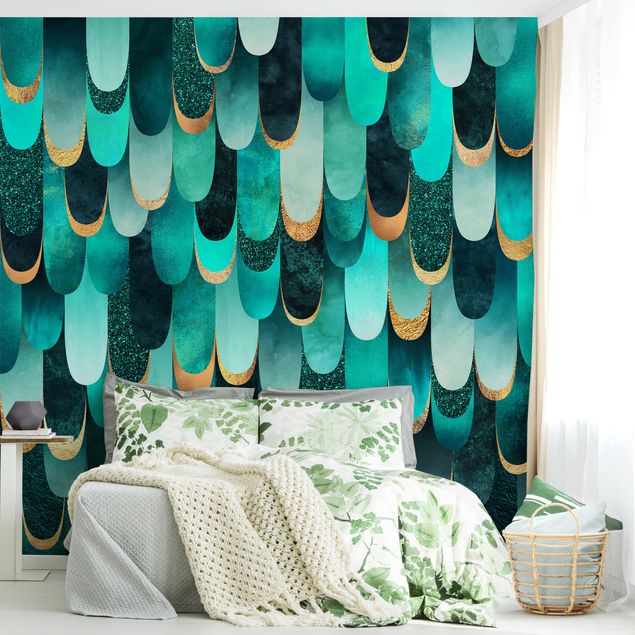 Wallpapers patterns Feathers Gold Turquoise