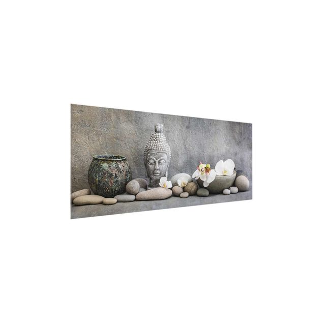 Glass prints spiritual Zen Buddha With White Orchids