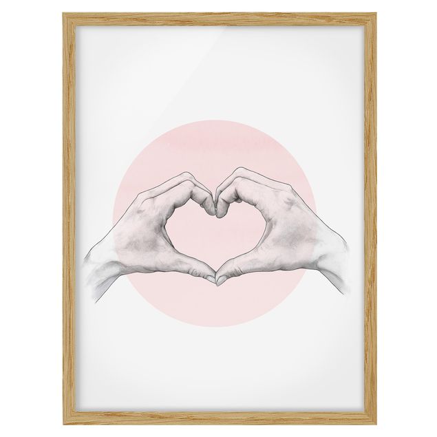 Love art print Illustration Heart Hands Circle Pink White