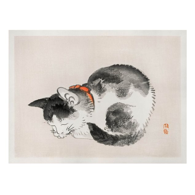 Canvas black and white Asian Vintage Drawing Sleeping Cat