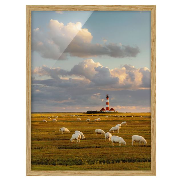 Beach prints North Sea Lighthouse With Flock Of Sheep