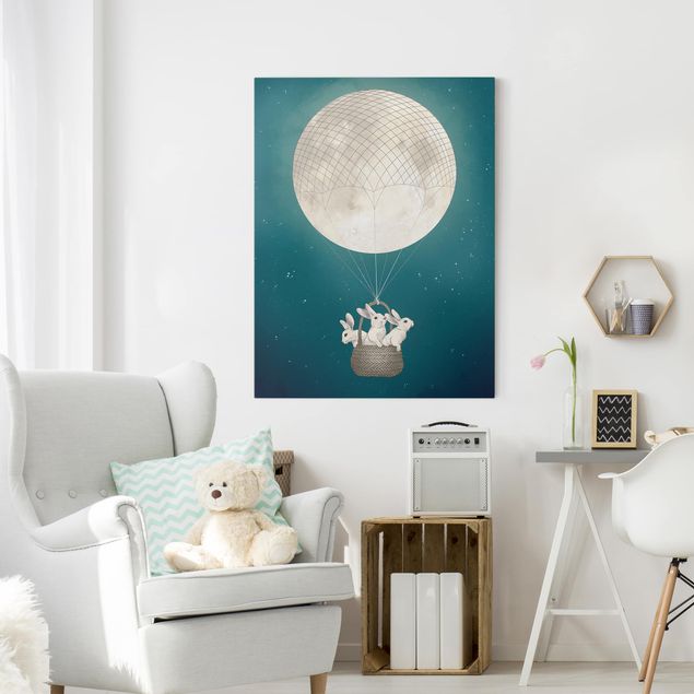 Kitchen Illustration Rabbits Moon As Hot-Air Balloon Starry Sky