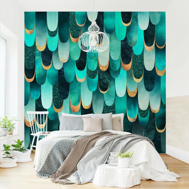 Wallpapers geometric Feathers Gold Turquoise