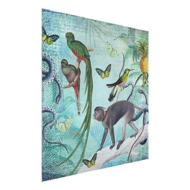 Prints floral Colonial Style Collage - Monkeys And Birds Of Paradise