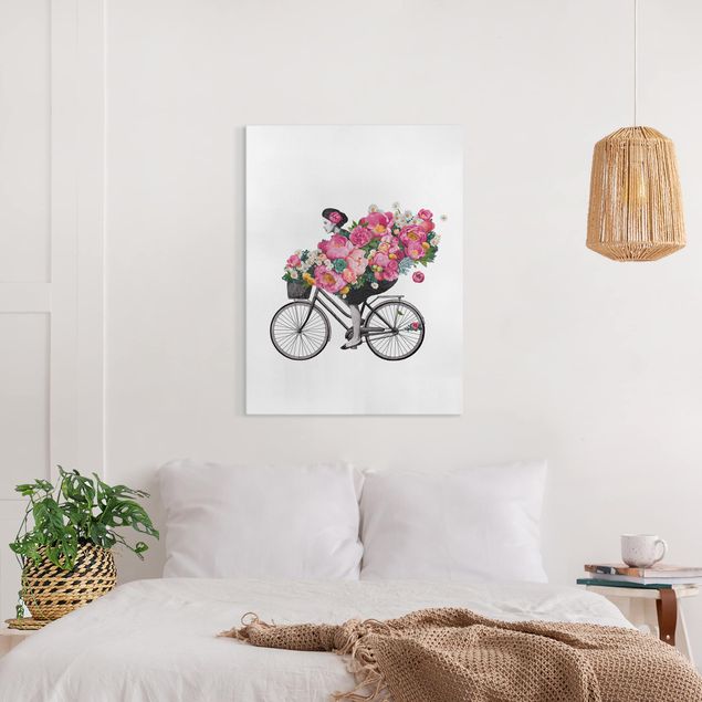 Canvas art Illustration Woman On Bicycle Collage Colourful Flowers