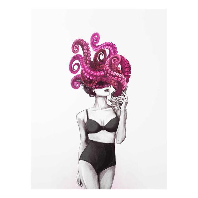 Naked wall art Illustration Woman In Underwear Black And White Octopus