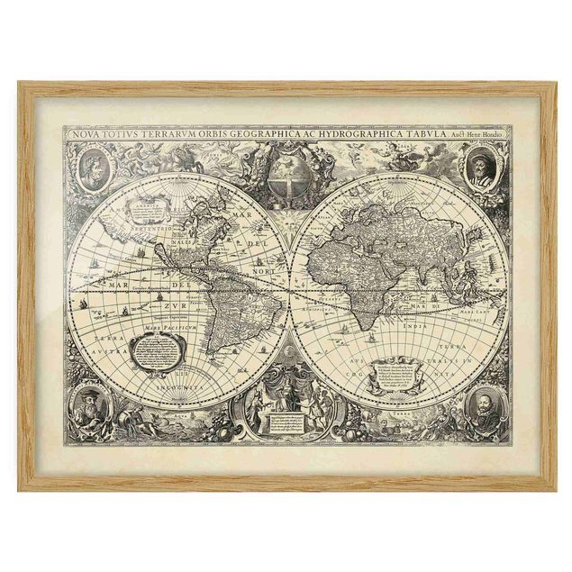 World map framed print Vintage World Map Antique Illustration