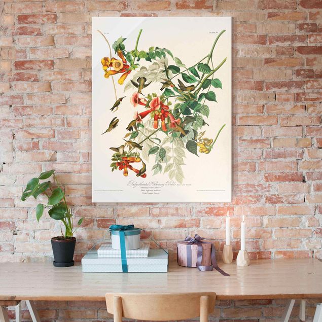 Glass prints flower Vintage Board Hummingbirds
