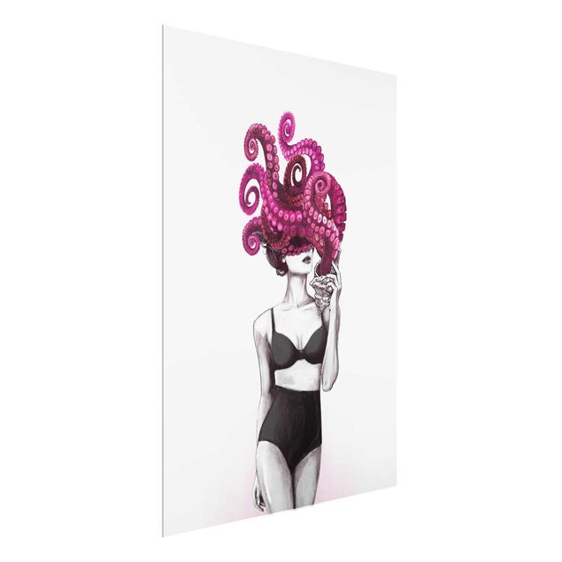 Glass prints nude Illustration Woman In Underwear Black And White Octopus