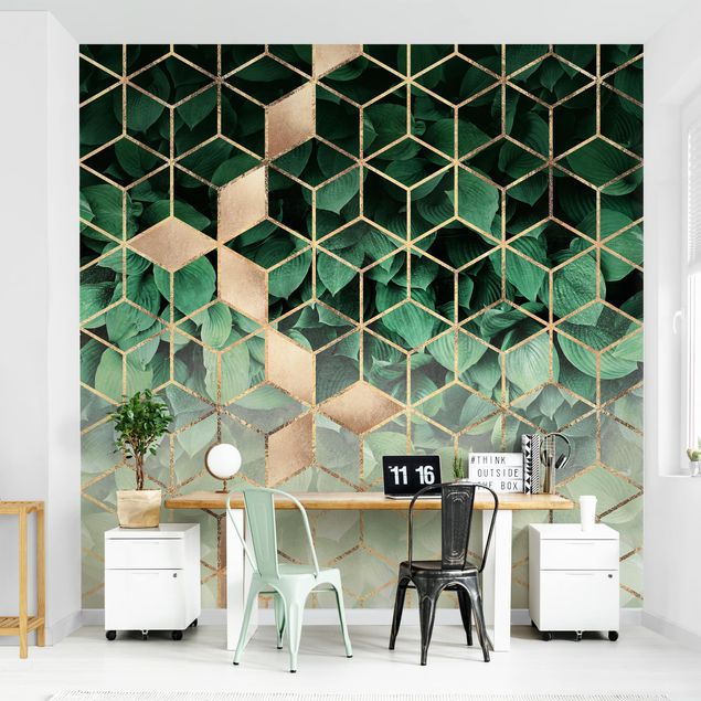 Modern wallpaper designs Green Leaves Golden Geometry