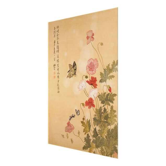 Glass prints flower Yuanyu Ma - Poppy Flower And Butterfly