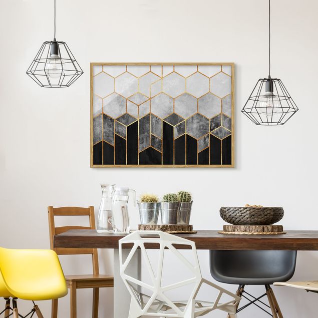 Abstract canvas wall art Golden Hexagons Black And White
