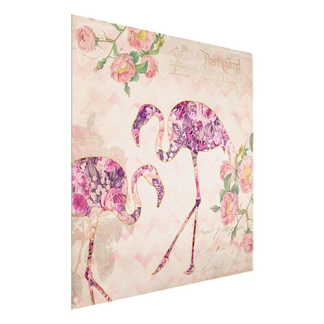 Glass prints flower Vintage Collage - Pink Flowers Flamingos