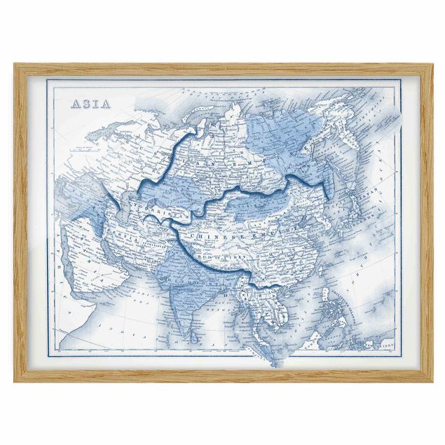 World map framed print Map In Blue Tones - Asia