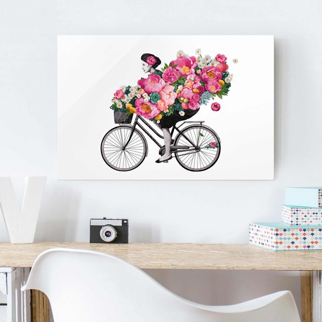 Magnettafel Glas Illustration Woman On Bicycle Collage Colourful Flowers