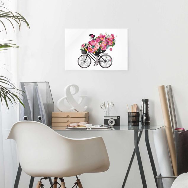 Glass prints flower Illustration Woman On Bicycle Collage Colourful Flowers