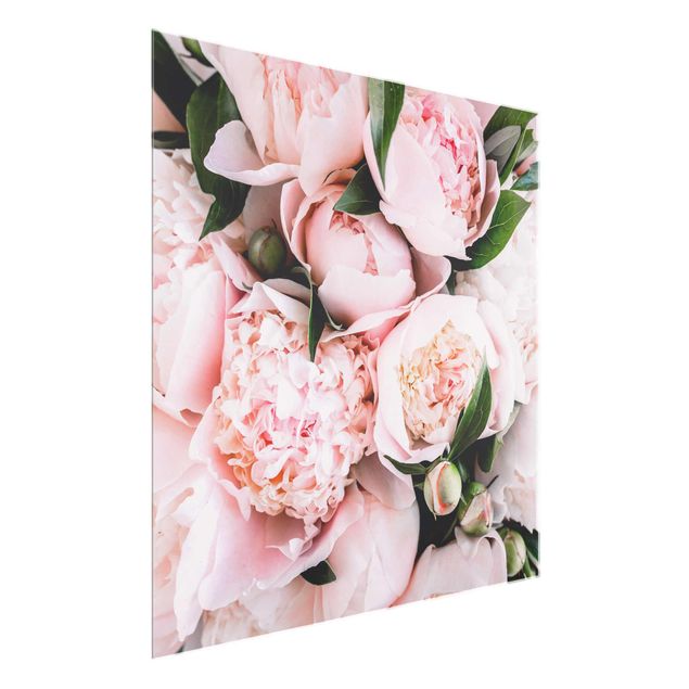 Glass prints flower Pink Peonies With Leaves