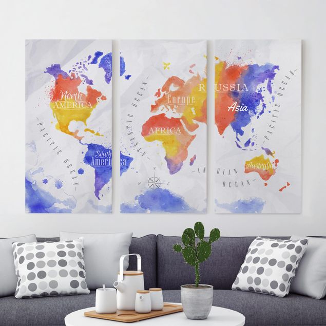 Framed world map World Map Watercolour Purple Red Yellow