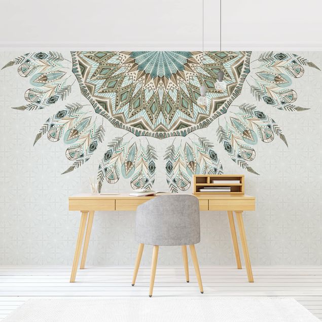 Wallpapers patterns Mandala Watercolour Feathers Semicircle Blue Green
