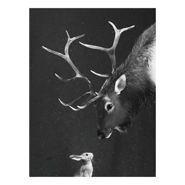 Glass prints black and white Illustration Deer And Rabbit Black And White Drawing