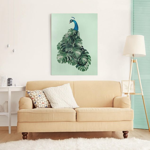 Canvas prints birds Peacock With Monstera Leaves