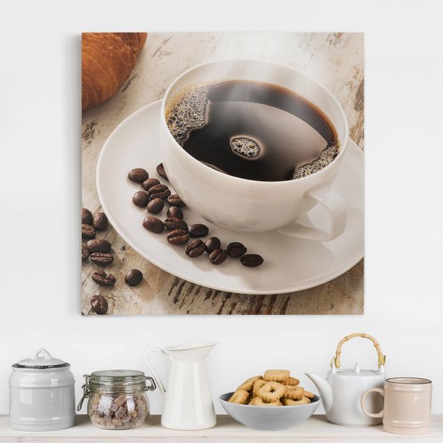 Kitchen Steaming coffee cup with coffee beans