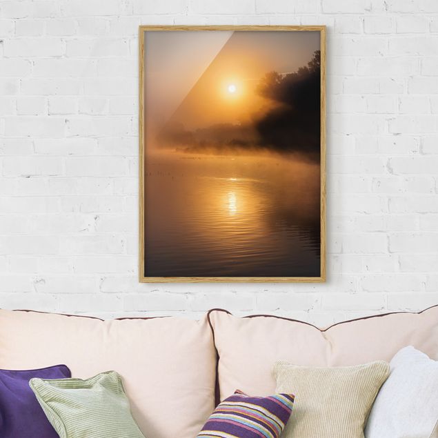 Landscape canvas prints Sunrise on the lake with deers in the fog