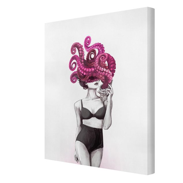 Canvas art prints Illustration Woman In Underwear Black And White Octopus