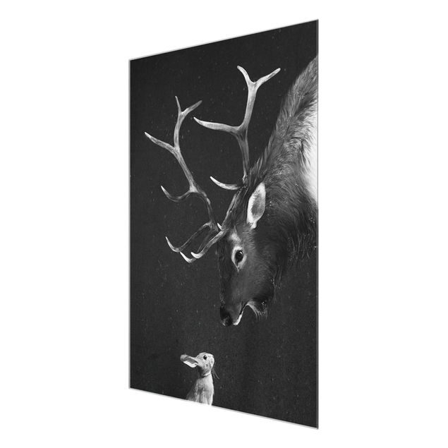 Glass prints pieces Illustration Deer And Rabbit Black And White Drawing