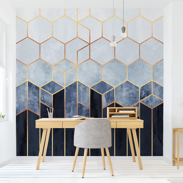 Modern wallpaper designs Golden Hexagons Blue White