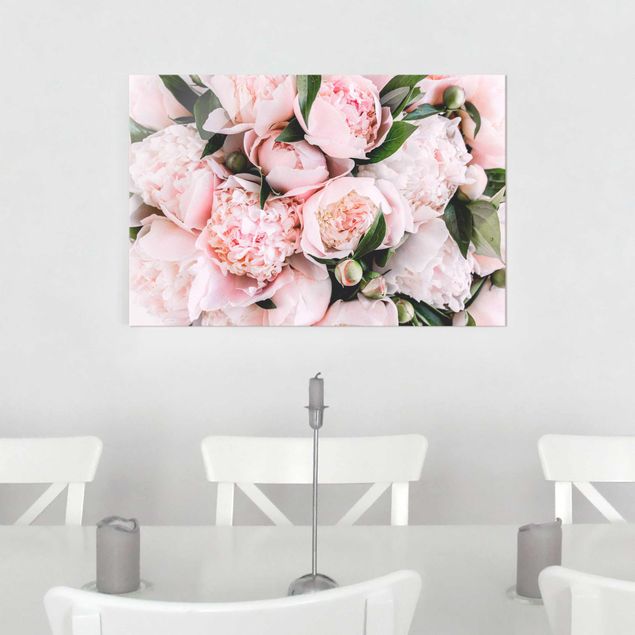 Glass prints rose Pink Peonies With Leaves
