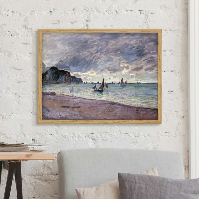 Framed beach prints Claude Monet - Fishing Boats In Front Of The Beach And Cliffs Of Pourville