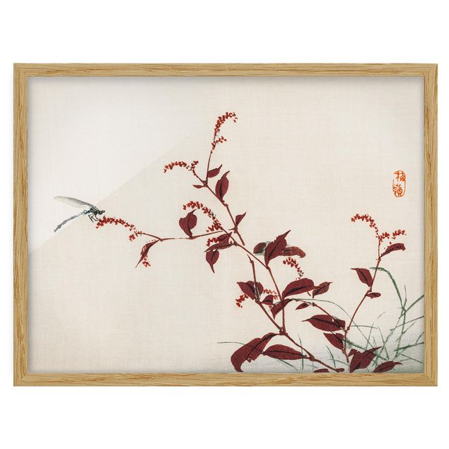 Floral canvas Asian Vintage Drawing Red Branch With Dragonfly