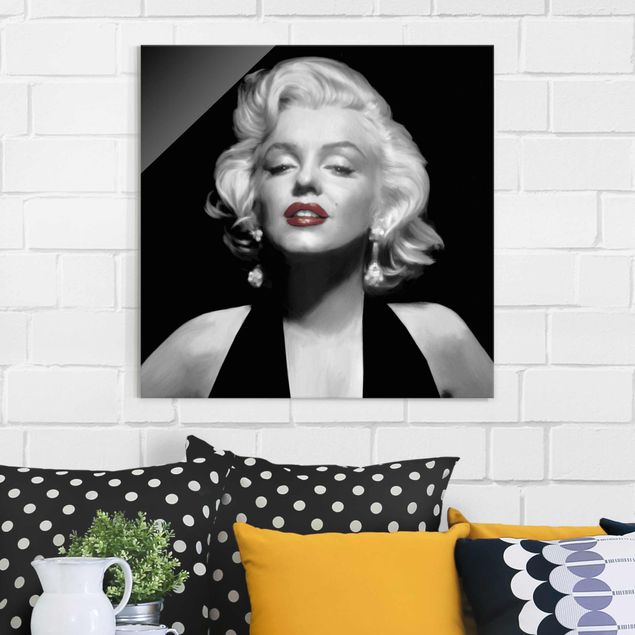 Glass prints black and white Marilyn With Red Lips