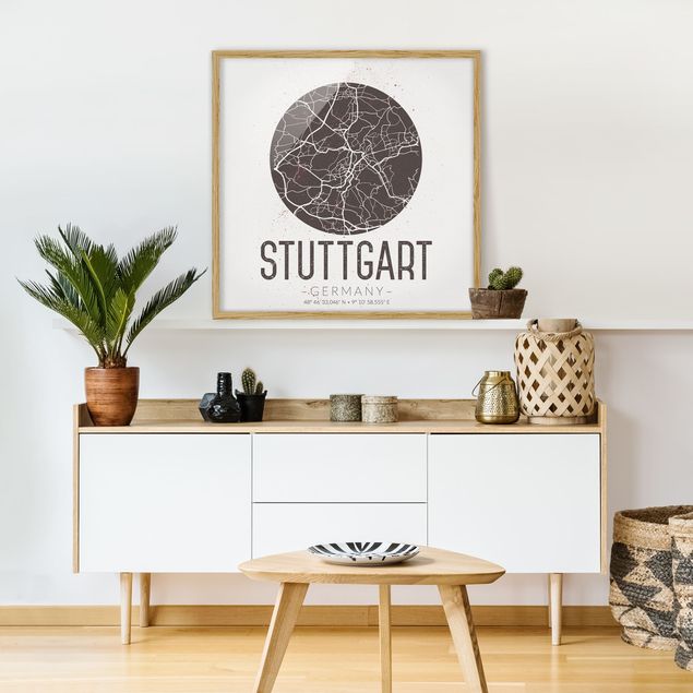 World map framed print Stuttgart City Map - Retro